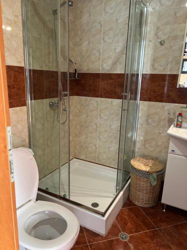 圣弗拉斯Квартира у моря的带淋浴和卫生间的浴室
