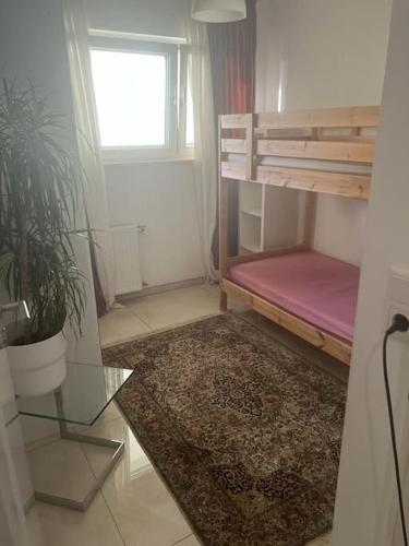 杜伊斯堡Schöne Wohnung Nähe Düsseldorf Messe und Flughafen的小房间设有双层床和植物