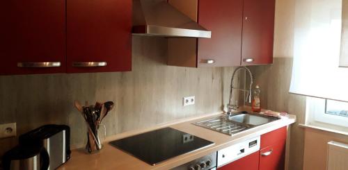TailfingenFerienhaus Brit的一间带红色橱柜和水槽的厨房
