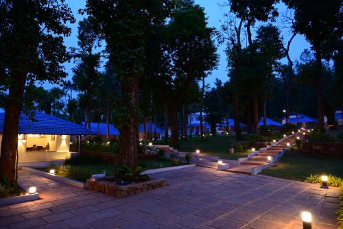 奇克马格尔Shree Kalya Resort- Chikmagalur的夜间有灯光和树木的公园