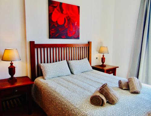 罗萨里奥港Brisa Del Mar Fuerteventura的一间卧室配有一张带两盏灯和一幅画的床铺