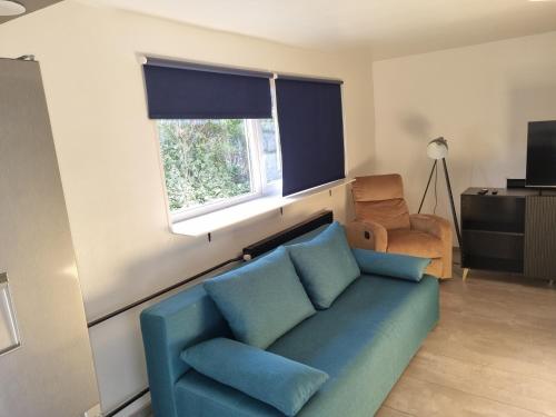萨格勒布Apartman Maksimir Rebro Jordanovac Luka的客厅设有蓝色的沙发和窗户。