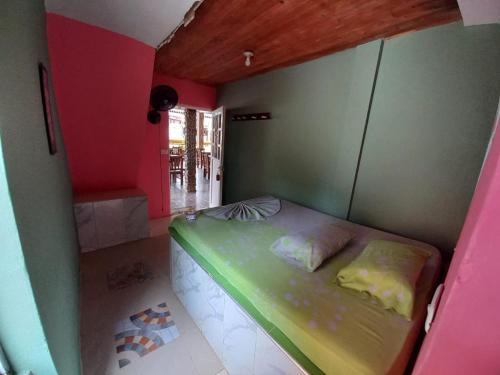 布埃纳文图拉Hotel y restaurante Don Hato的小房间,角落里设有一张绿色的床