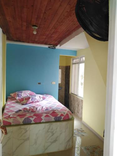 布埃纳文图拉Hotel y restaurante Don Hato的一间卧室配有一张蓝色墙壁的床