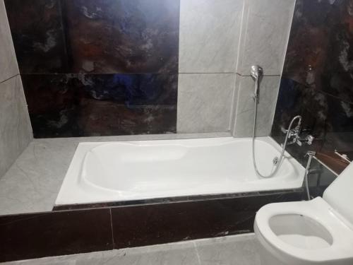 NarodaHotel Red Blue,Ahmedabad的带浴缸和卫生间的浴室。