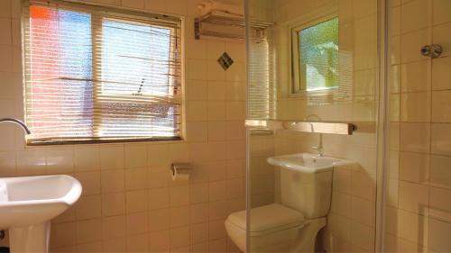 利文斯顿Tasha Lodge & Tours的浴室配有卫生间、盥洗盆和淋浴。