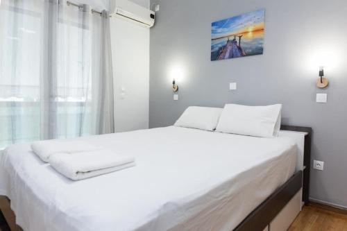 比雷埃夫斯Modern Cozy 1 Bd Piraeus Perfection Apt的卧室配有一张大白色床和窗户