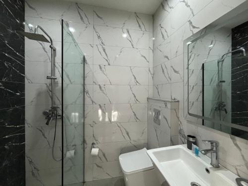 第比利斯D and D hotel的带淋浴、卫生间和盥洗盆的浴室