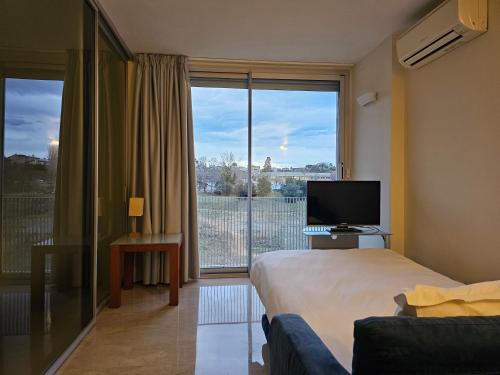 赫罗纳艾尔斯奎米克斯公寓的酒店客房设有一张床、一台电视和一扇窗户。
