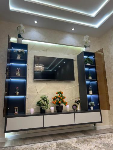 撒马尔罕Apartment for tourists的鲜花和植物的房间的大镜子