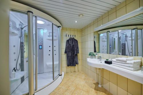 维尔扬迪Peetrimõisa Villa Hotell的带淋浴、盥洗盆和镜子的浴室
