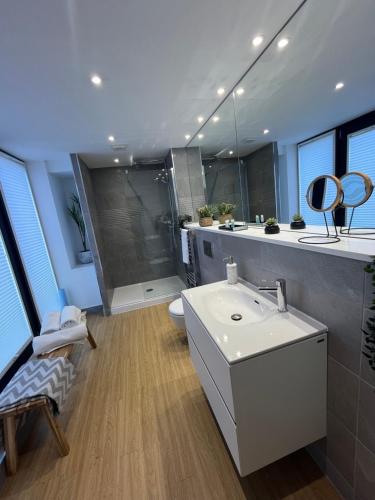 卡迪夫Beachcliff Rooms & Apartments的浴室配有白色水槽和淋浴。