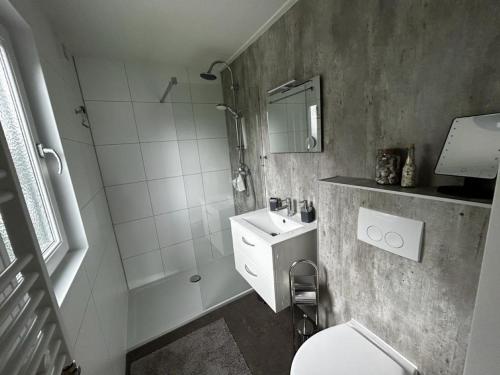 LathumFerienhaus / Chalet / Bungalow am See, Holland, Niederlande, Lathum的浴室配有卫生间、盥洗盆和淋浴。
