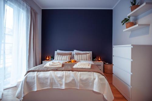 克维曾Apartament Słoneczny的一间卧室配有一张带蓝色墙壁的大床