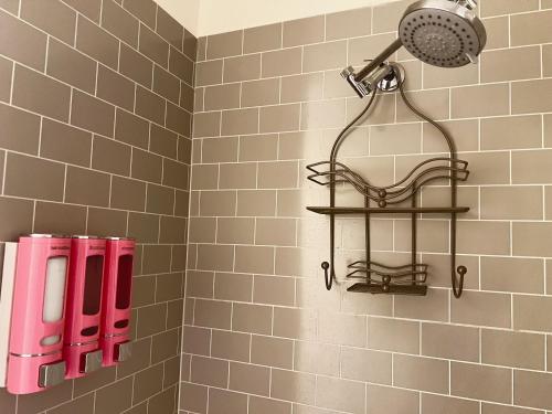 托伦斯LittleBettysCrashPad的墙上设有粉红色瓶子和淋浴的浴室