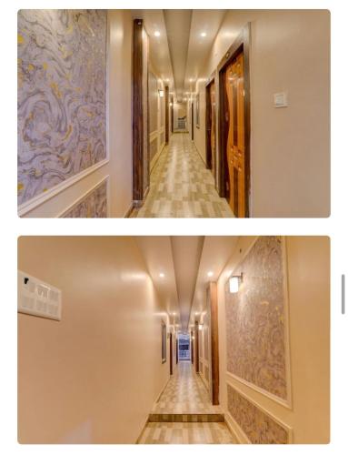 DarbhangaHotel Elite的建筑物走廊的两张照片