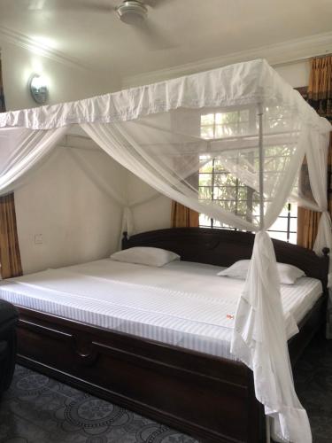 达累斯萨拉姆Jambo hostel tz的卧室配有带白色窗帘的天蓬床