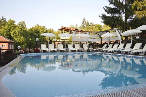 韦林格勒克勒普图扎温泉酒店的一个带白色椅子和遮阳伞的游泳池