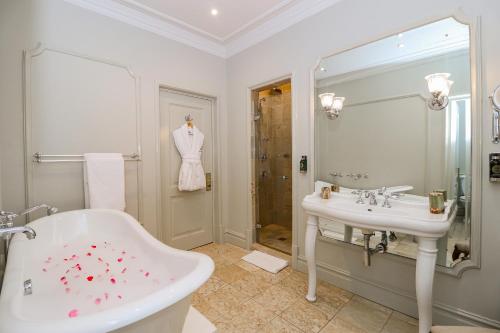 约翰内斯堡The Monarch Hotel的带浴缸、水槽和镜子的浴室