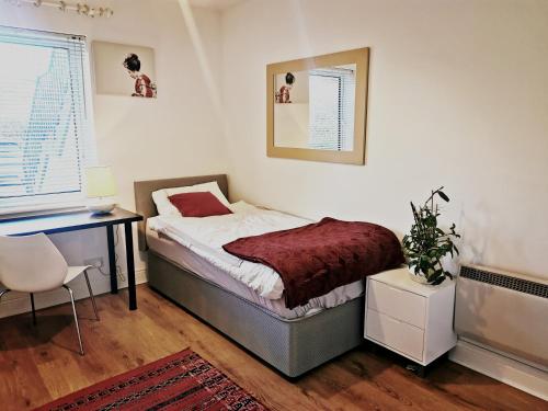 都柏林Charming apartment with big terrace in Sandymount的一间卧室配有一张床、一张桌子和一把椅子