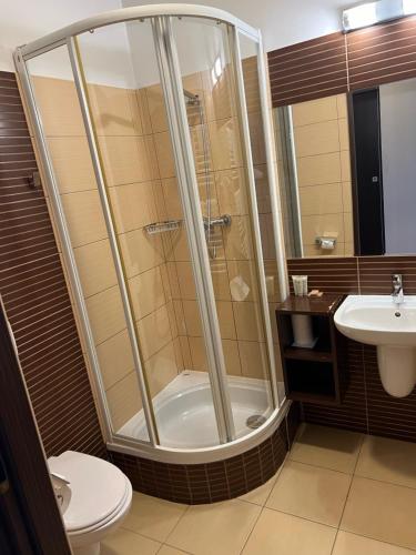 米科武夫碧云酒店的带淋浴、卫生间和盥洗盆的浴室