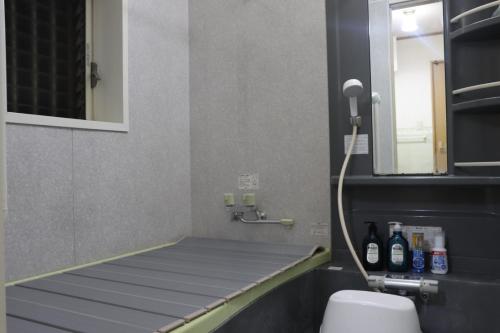 大阪Niji Homestay的一间带水槽、卫生间和镜子的浴室