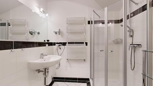宾茨Residenz Prorer Wiek的白色的浴室设有水槽和淋浴。