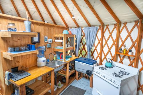 西沃德逆戟鲸岛小木屋酒店的帐篷内的厨房配有炉灶和水槽