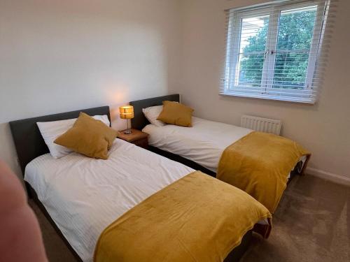 比索普顿Modern 2 Bedroom Flat in Quiet Village w/ Ensuite的客房设有两张带黄床单的床和窗户。