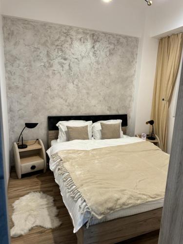 雅西Luxury Young Residence的一间卧室设有一张大床和一面墙