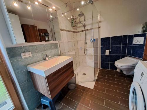阿亨基希Holiday Home Haus Broda by Interhome的一间带水槽、淋浴和卫生间的浴室
