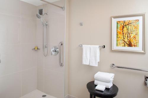欧弗兰帕克DoubleTree by Hilton Kansas City - Overland Park的带淋浴的浴室和玻璃门