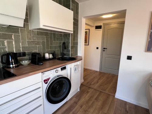大特尔诺沃Black Cat Apartment的厨房配有洗衣机和洗衣机。