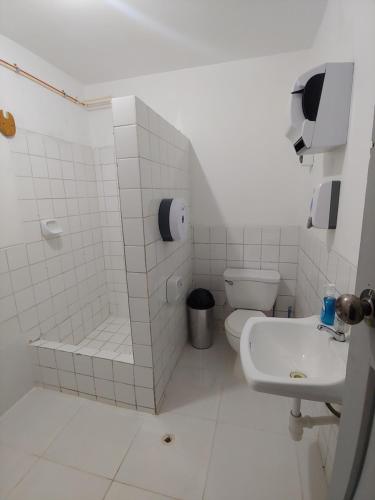 瓦拉斯Amplias y Centricas Habitaciones Huaraz WIFI, AGUA CALIENTE的白色的浴室设有卫生间和水槽。