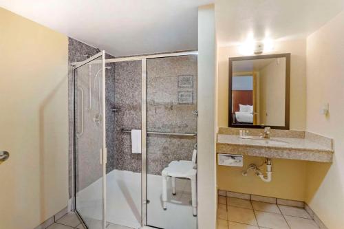 查尔斯顿Comfort Inn & Suites Airport Convention Center的带淋浴和盥洗盆的浴室