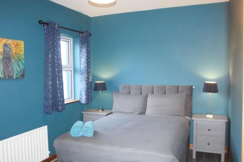 CorrofinRiverside Cottage in the Burren的一间卧室配有一张带蓝色墙壁的大床