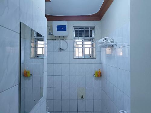 金贾Amaryllis blue,8mins source to River Nile,secure, peaceful, central great location的带淋浴的白色瓷砖浴室和窗户。