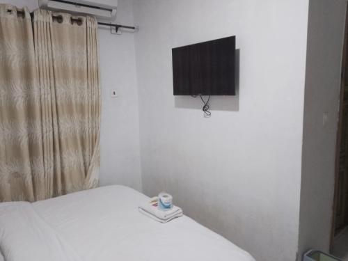 拉各斯Mid Way Best Hotel的一间卧室配有一张床和一台平面电视