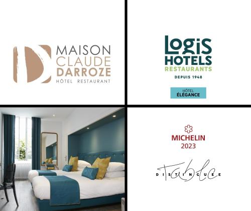 朗贡Logis Hôtel - Restaurant Maison Claude Darroze的一张酒店房间四张照片的拼贴图