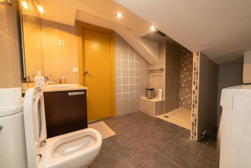 巴塞罗那Barcelona Apartment Near Park Güell的浴室配有卫生间、盥洗盆和淋浴。