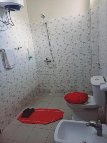 达喀尔Peace N Quiet aux Almadies的带淋浴的浴室以及带红色座椅的卫生间。