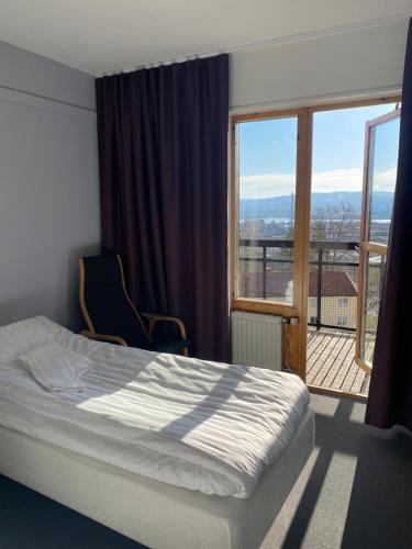 延雪平Svf Hotell & Konferens的一间卧室设有一张床和一个大窗户