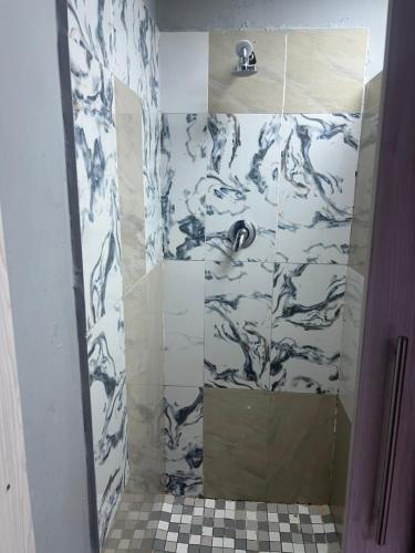 弗里尼欣Justy inn guest house的浴室设有蓝色和白色瓷砖淋浴。