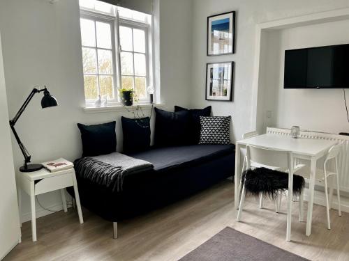 斯坎讷堡Small cosy appartment的客厅配有沙发和桌子