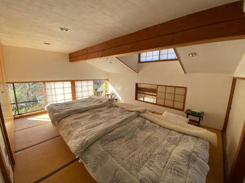 Muraokakakayama hutte的配有窗户的客房内的一张大床