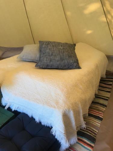 里瑟尔Hommen Gård Glamping的帐篷内的一张床铺,上面有枕头