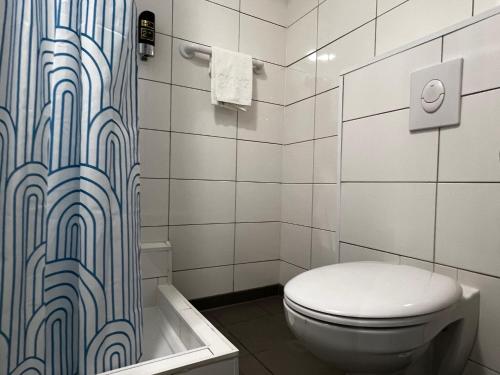 阿姆斯特丹特里亚农经济酒店的一间带卫生间和淋浴帘的浴室
