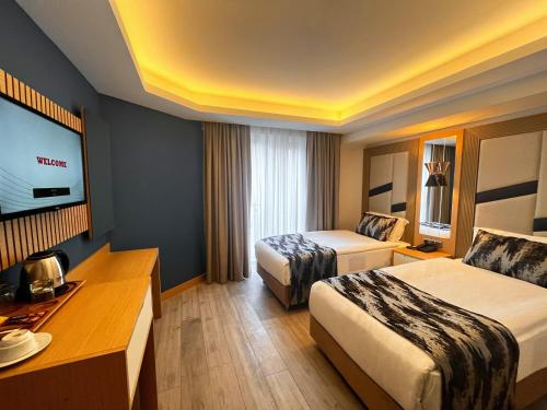 伊斯坦布尔Downtown Sirkeci Hotel的酒店客房设有两张床和一台平面电视。