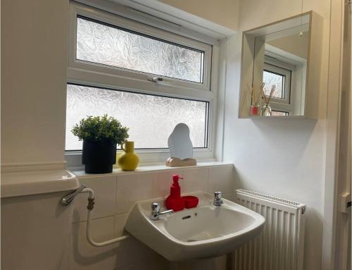 考文垂Coventry Lovely House, Sleeps 4, by Empower Homes的一间带水槽和窗户的浴室