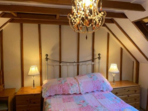 卡马森Barn Owl Cottage, The Welsh Reindeer Retreat, Ystradfach Farm , Llandyfaelog, Carmarthen , SA17 5NY的一间卧室配有一张带吊灯和两盏灯的床。
